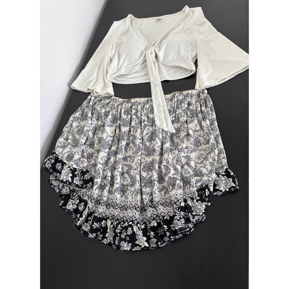 Ruffle Hem Skirt Large Black White Floral Paisley Boho Cottagecore Festival - Picture 2 of 13